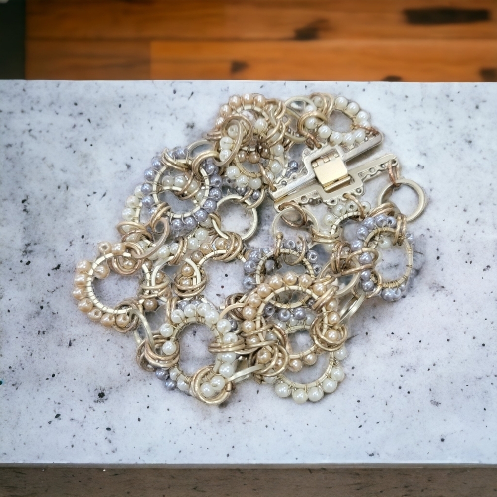 Pearl Hoop and Bead Metal Bracelet